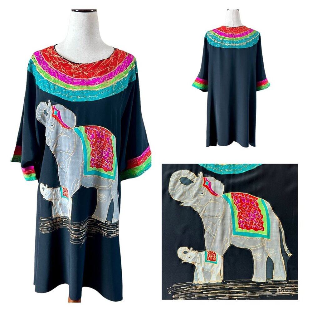 Hand Painted Silk Caftan or Tunic Dress Elephant Baby/Mother Trunk Up OS